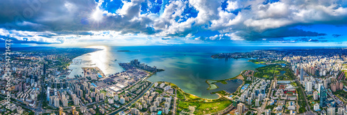 Panoramic Aerial View of Haikou Bay in a Sunny Day, Hainan Province, China, Asia.