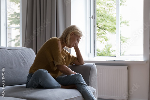 Free Download Middle-aged woman sit on sofa looks deep in sad thoughts, feels unhappy, suffers from break up, loneliness, divorce, marriage split, having life concerns. Lonely depressed aged female at home concept - GFXLoad