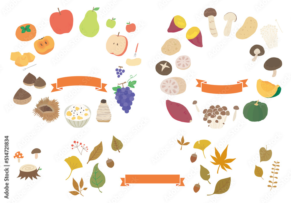 バナーなどに 秋の果物と野菜、葉っぱのフレームセット（文字なし）