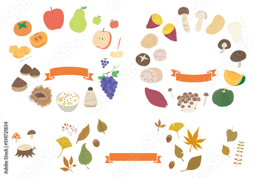 バナーなどに 秋の果物と野菜、葉っぱのフレームセット（文字なし）