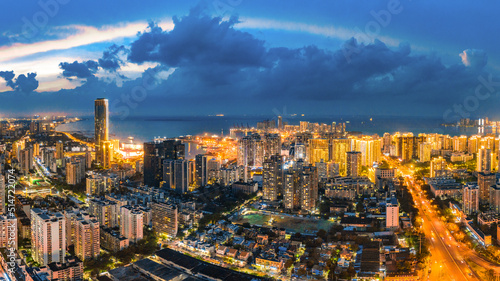 Aerial Night View of Haikou Port, the Main Transportation Hub for Haikou City, Hainan Free Trade Zone of China, Asia.