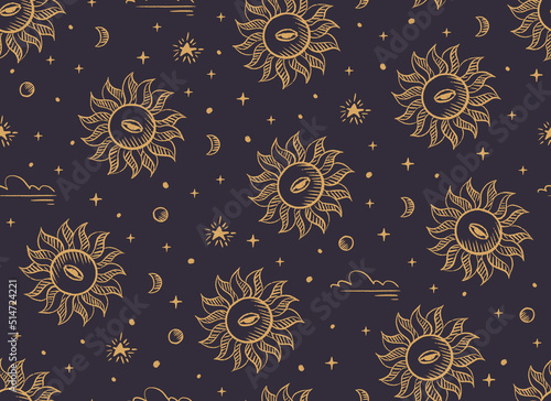 Magical seamless pattern with the sun, stars, moon. Alchemical cosmos. Celestial pattern. Vector hand-drawn background. 