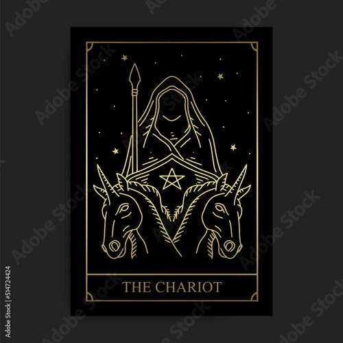 Chariot magic major arcana tarot card in golden hand drawn style