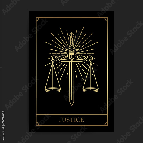 Justice magic major arcana tarot card in golden hand drawn style