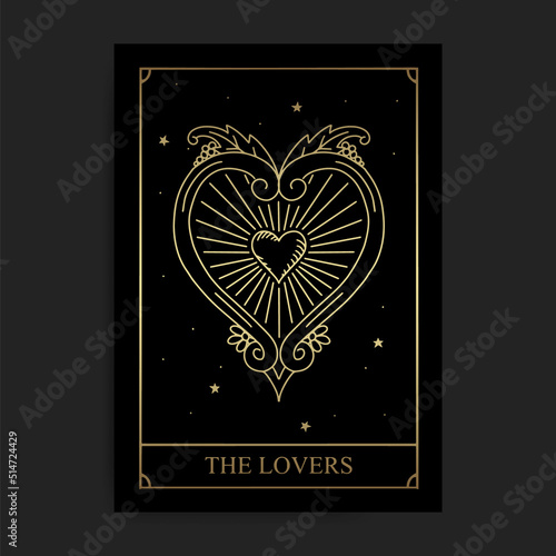 The lovers magic major arcana tarot card in golden hand drawn style photo