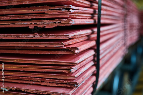 Картината върху платно Cathode copper plates stack as finished product in warehouse
