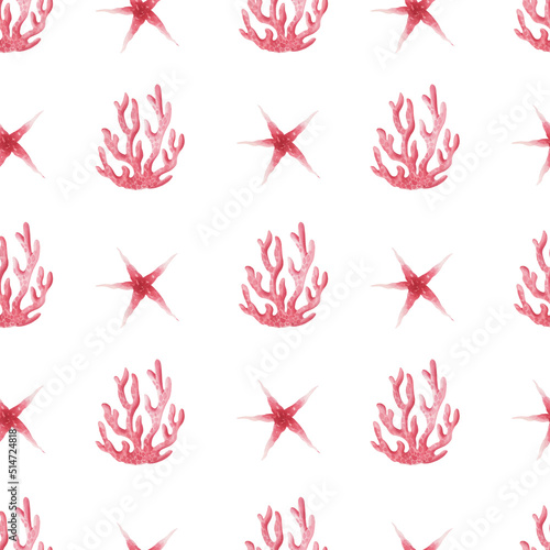 Fototapeta Naklejka Na Ścianę i Meble -  Sea pattern with watercolor red corals and starfishes isolated.