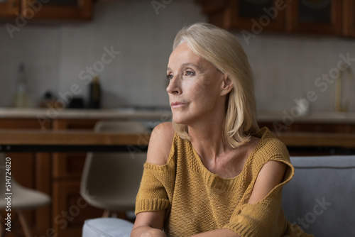 Pensive or sad, deep in thoughts beautiful middle-aged woman thinking, staring aside sit on sofa at home. Thoughtful retired female in nostalgic mood spend time alone at home. Retirement, past concept
