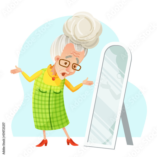 Vector illustration of an old woman with glasses tries on a shoese in front of a mirror. Clothes, wardrobe, shop, dress, shopping, fashion