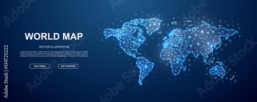 World Map 3d low poly symbol with connected dots for blue landing page. Geography design illustration concept. Polygonal Earth planet illustration
