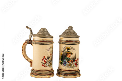 Traditional original Bavarian beer steins with pewter lids. T 