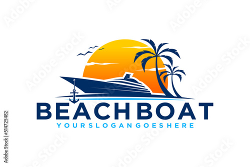 Yatch ship beach logo design sunset scenery maritime nautical icon symbol palm tree coconut tree