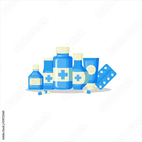 Medical bottle with label. Pill flat icon isolated on white background. Flat vector illustration.
