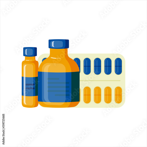 Medical bottle with label. Pill flat icon isolated on white background. Flat vector illustration.
