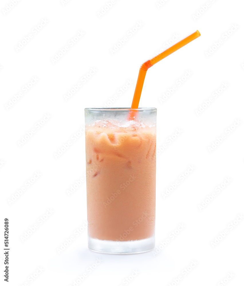 Orange Thai iced condensed milk tea in transparent glass isolated on white background with clipping path Orange Thai iced condensed milk tea in transparent glass isolated on white background with clipping path