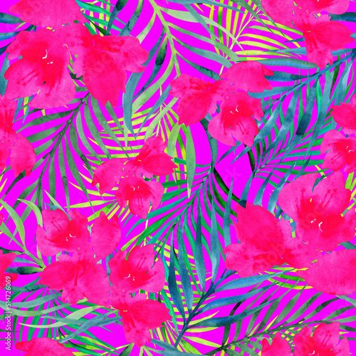 Pink neon jungle print, tropical seamless pattern