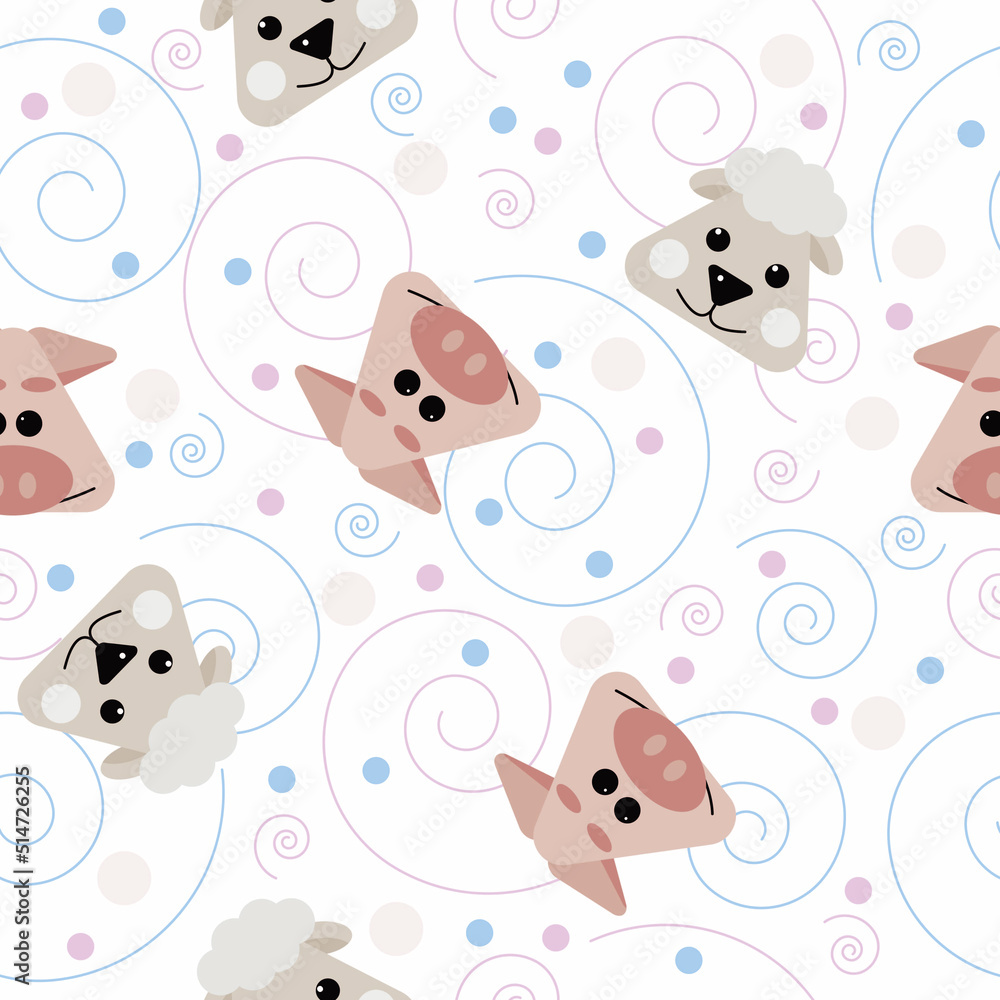 Obraz premium Webpattern, seamless pattern, muzzles pig and sheep, curls, children's print, pattern for children with pets, farm, circles, curls, packaging, textiles