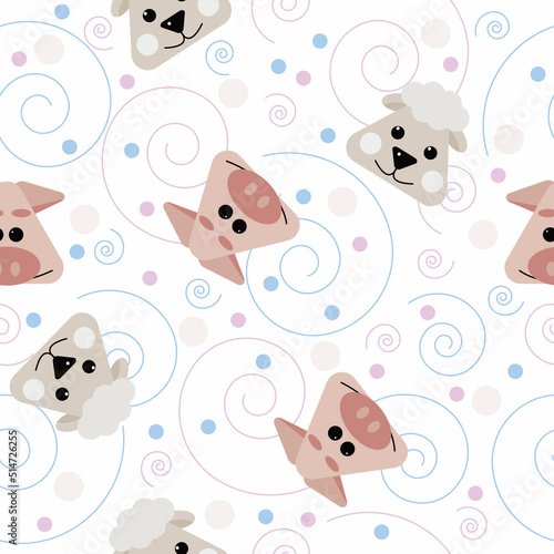 Fototapeta Naklejka Na Ścianę i Meble -  Webpattern, seamless pattern, muzzles pig and sheep, curls, children's print, pattern for children with pets, farm, circles, curls, packaging, textiles