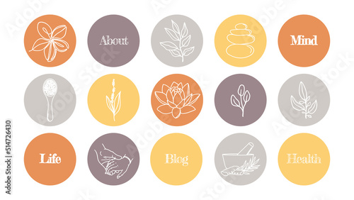 Set of bright icons of highlights for social networks. of icons for a blog about cosmetics, medicine and mental health.