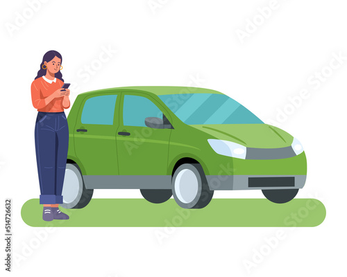 Woman using mobile app pay parking or car sharing illustration