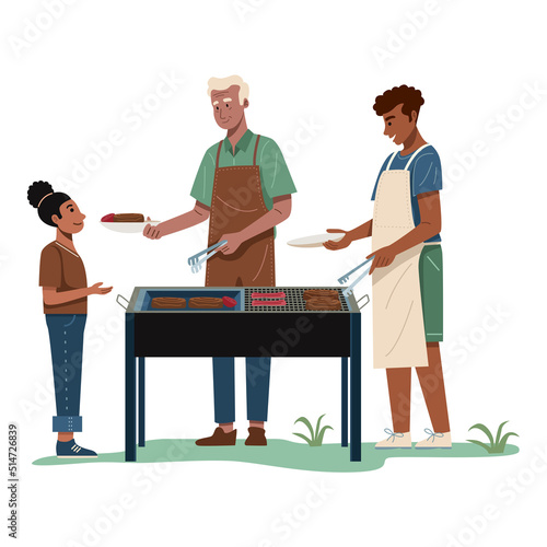 Grandfather, father and daughter having barbecue party outdoors
