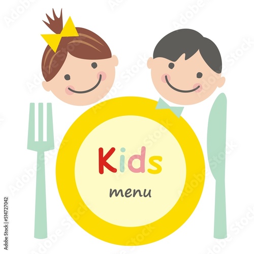 Kids menu, girl and boy with plate, knife and fork, vector illustration