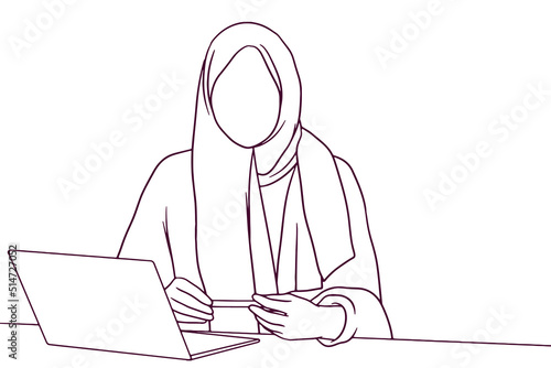 businesswoman in hijab working on a laptop. hand drawn style vector illustration