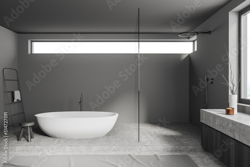 Grey bathroom interior tub with douche and accessories  panoramic window
