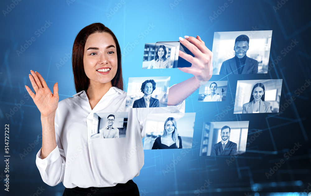 Φωτογραφία Businesswoman on a video conference, smiling, hud hologram with people id