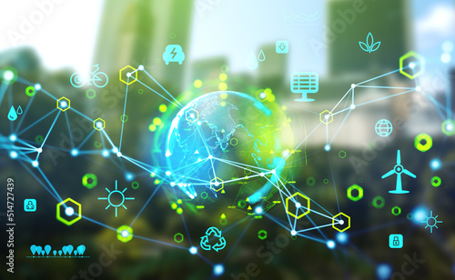 Foto Earth hologram and eco energy hud, technology and resources and green city