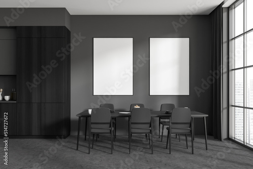 Grey kitchen interior with eating table and panoramic window. Mockup frames