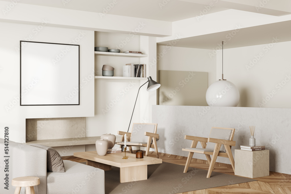 Fototapeta premium Guest interior with chairs and couch, fireplace with decoration. Mockup frame