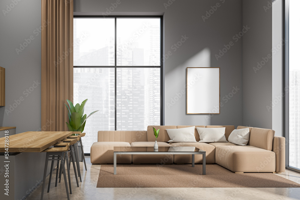 Fototapeta premium Chill interior with couch and bar countertop, panoramic window and mockup frame