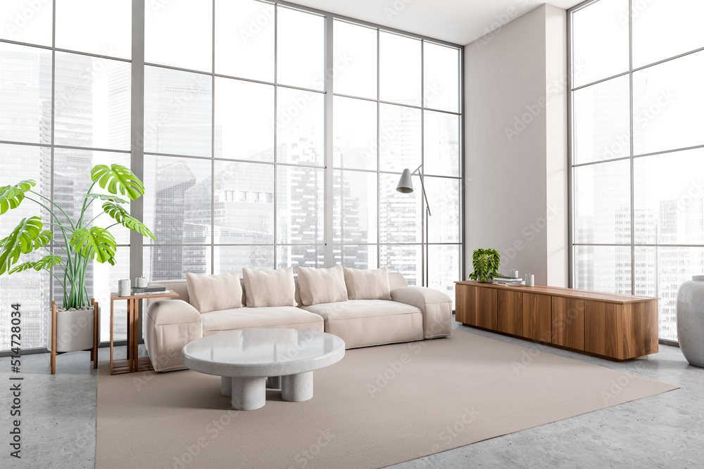 Fototapeta premium Light lounge interior with sofa and coffee table, panoramic window