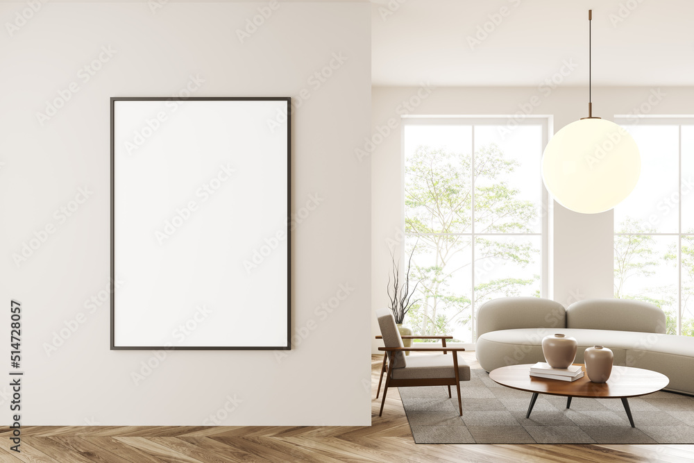 Light guest interior with chair and couch near panoramic window. Mockup frame Light guest interior with chair and couch near panoramic window. Mockup frame