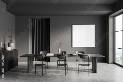 Grey dining room interior with seats and table, window and mockup poster