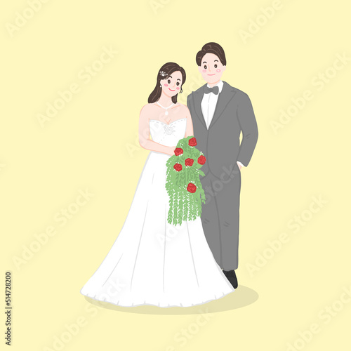 Bride in white dress and Groom  suit holding flower wedding ceremony invitation card vector couple characters on soft yellow background.