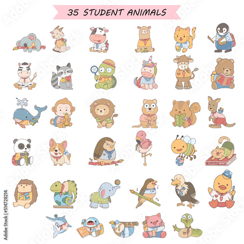 Fototapeta Naklejka Na Ścianę i Meble -  cute cartoon student animal holding pencil and paper, back to school