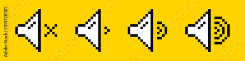 Pixelated volume icons. Different sound volume. 8-bit style. Vector illustration
