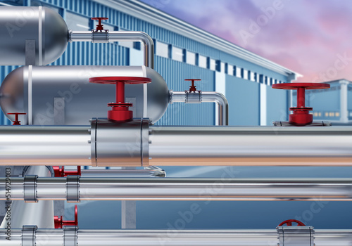 Gas equipment. Pipes and tanks with propane gas in front of factory. Propane supplies to factory. Production gasification. Steel pipes with open-air tanks. Use of gas in industry concept. 3d image.
