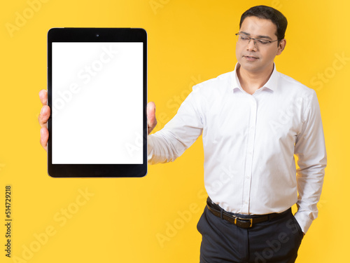 Tablet mockup. Man with big...