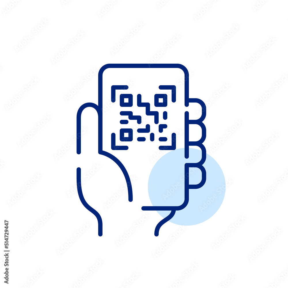 Hand holding a smartphone scanning qr code. Pixel perfect, editable stroke line art icon