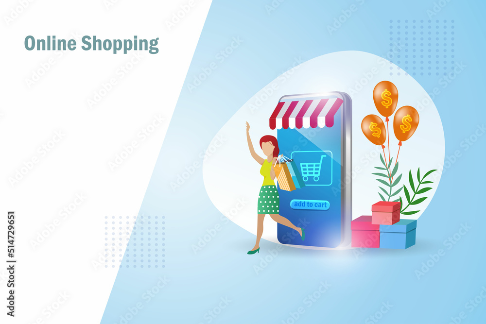 Woman online shopping on smartphone app with Shopping bag and carton box. Template, banner, poster for promotion in online store and e commerce. Woman online shopping on smartphone app with Shopping bag and carton box. Template, banner, poster for promotion in online store and e commerce.