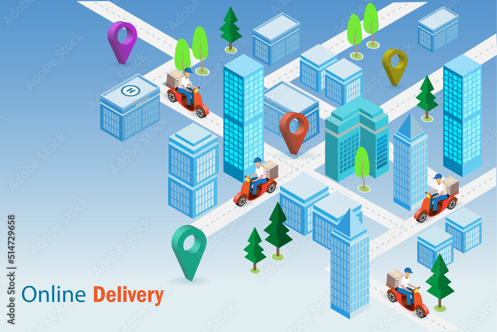 Online delivery service. Delivery man riding scooter in 3D city  building map deliver shipment or foods to customer. Online shopping, e commerce marketing and order delivery concept.
