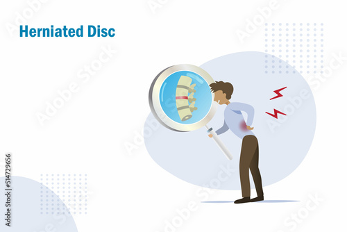 Man hold x ray magnifying glass suffering from herniated disc, spine backbone pain. Backache from office syndrome. Medical and healthcare concept.