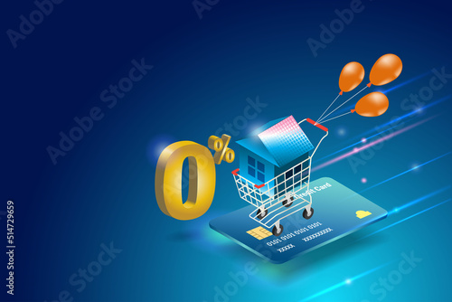 Home loan, real estate, mortgage property and refinance concept. Home for sale in shopping cart trolley with 0% interest fee on credit card. Financial and banking promotion for home investment.
