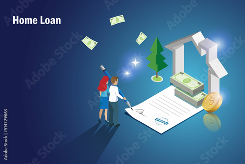 Home loan, real estate, property mortgage and refinance concept. Couple sign home loan contract agreement. Family financial planning and home investment.