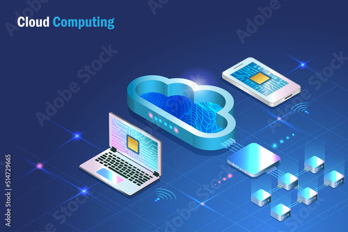 Cloud computing server online connect to smart phone and computer. Digital cloud storage service with data transmission, network connecting technology. Intelligence data storage futuristic background.