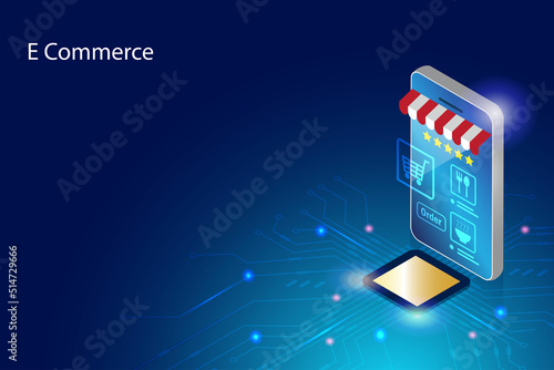 Online shopping, online payment technology with smart phone devices. Online store in smartphone app on secure electronics board with customer data protection. E commerce innovation technology.