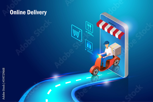 Online delivery service. Delivery man riding scooter on futuristic road express deliver shipment to customer. Online shopping, e commerce marketing and order delivery concept.